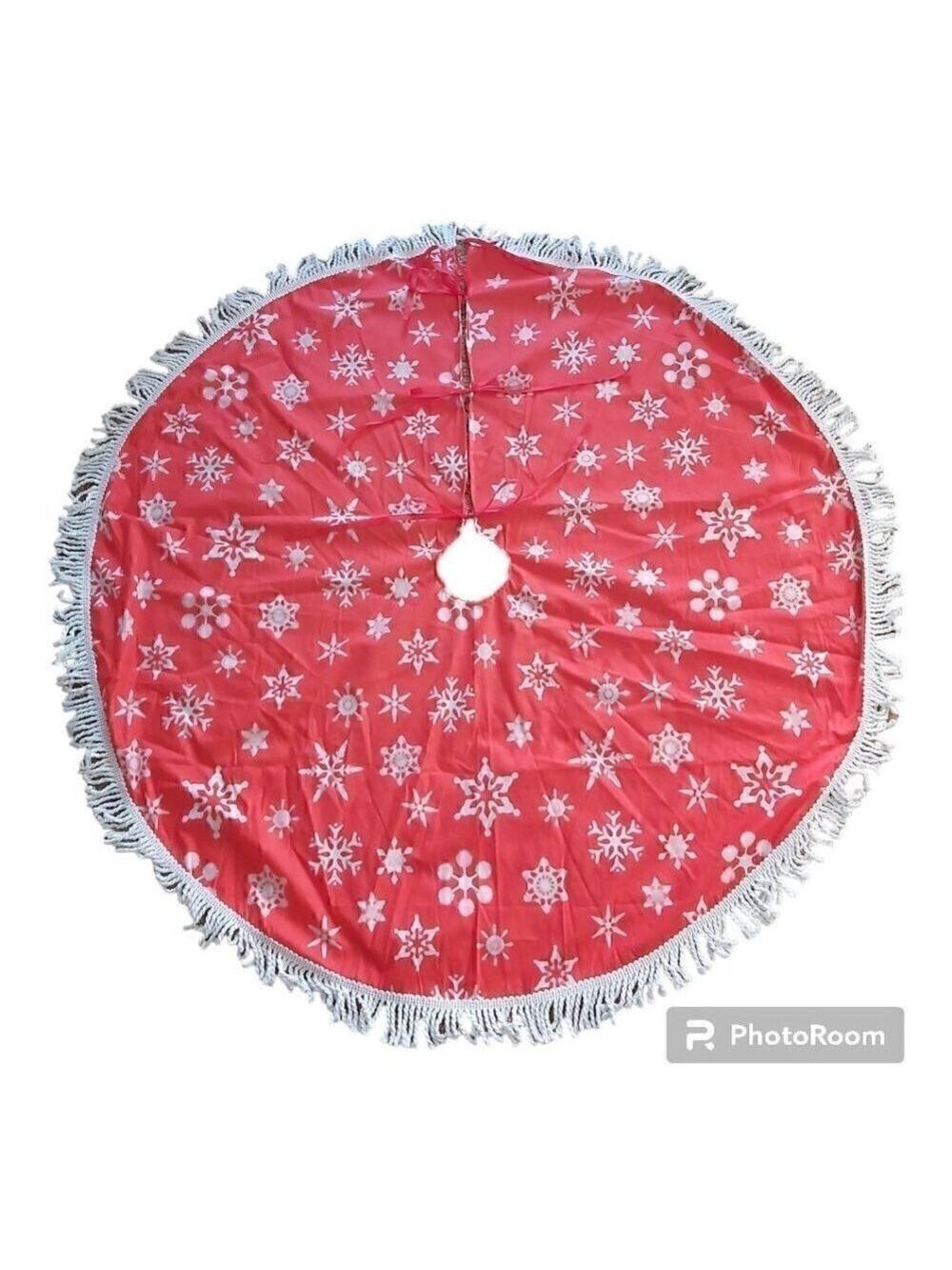 LARGE Red Christmas Tree Skirt With Snowflakes & White Trim - Size 46 Inch